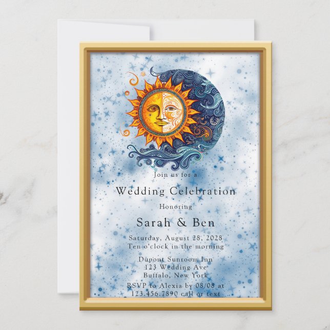Celestial Yellow Blue Sun Moon Wedding Invitation (Front)
