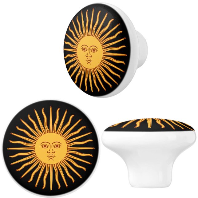Celestial Yellow Sunshine Face on Black Elegant Ceramic Knob (Celestial sunburst ceramic furniture, drawer or cabinet pull knobs will add style and warmth!)