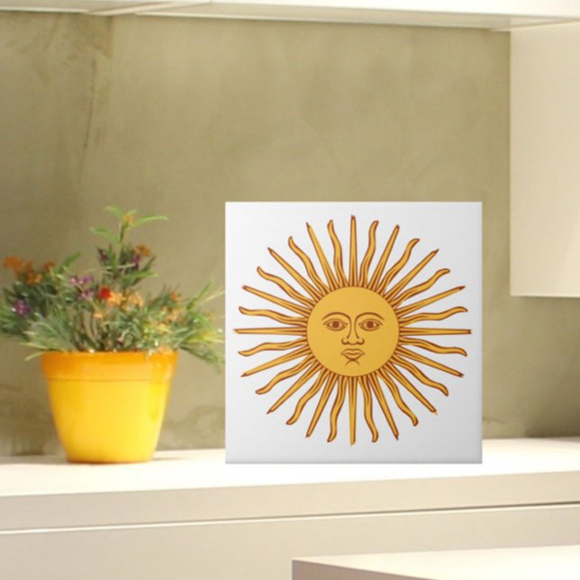 Celestial Yellow Sunshine Face on White Stylish Tile (Add the charm and warmth of the sun to your tiled space!)