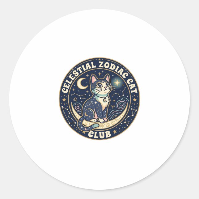 Celestial Zodiac Cat Cute Cat T-Shirt Design - Cel Classic Round Sticker (Front)