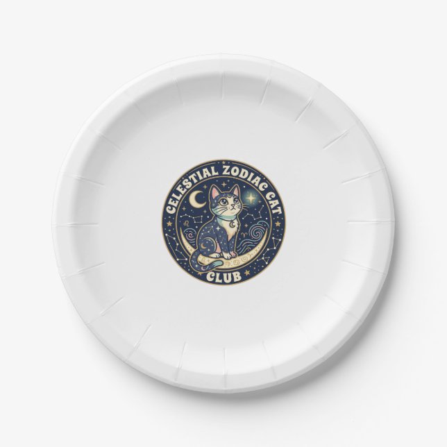 Celestial Zodiac Cat Cute Cat T-Shirt Design - Cel Paper Plate (Front)