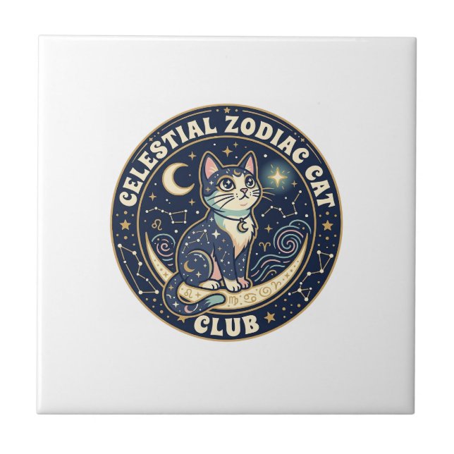 Celestial Zodiac Cat Cute Cat T-Shirt Design - Cel Tile (Front)