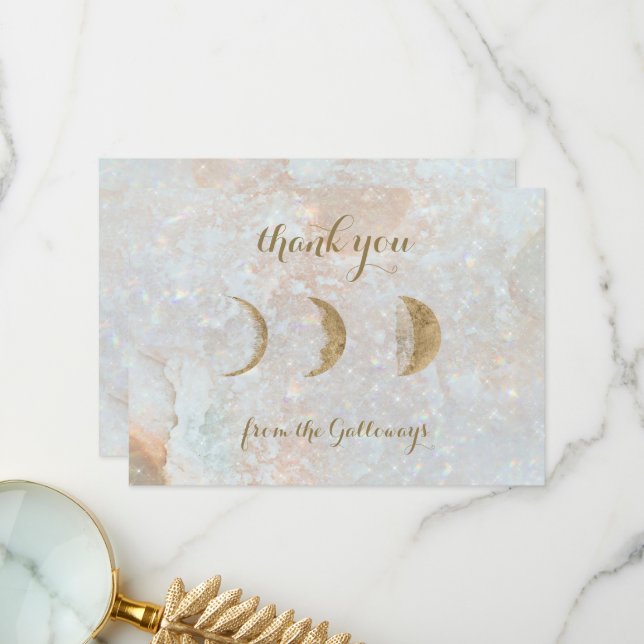 Celestial Zodiac Moon Blue Gold Typography Wedding Thank You Card (Front/Back In Situ)