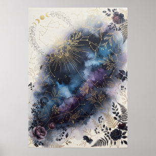 Celestial Zodiac Moth Dark Floral Poster