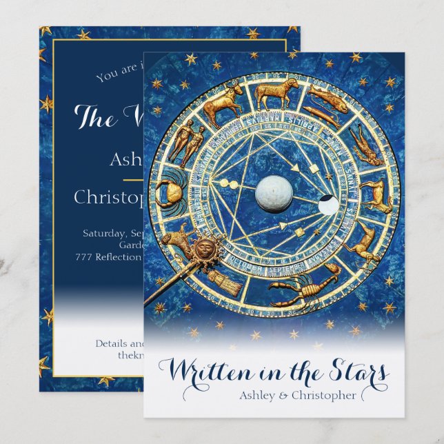 Celestial Zodiac Sky Navy Blue Gold Stars Wedding Invitation (Front/Back)