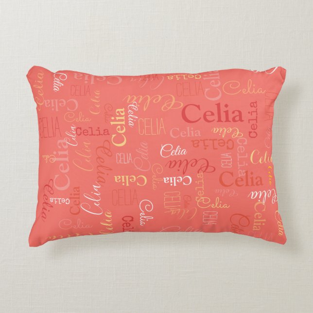 Celia personalised short name living coral decorative cushion (Front)
