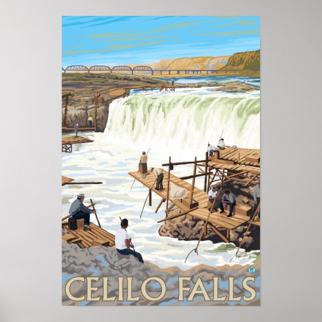Celilo Falls Fishing Vintage Travel Poster (Front)