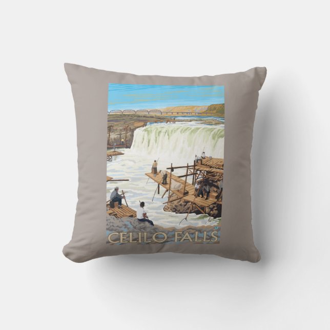 Celilo Falls Fishing Vintage Travel Poster Cushion (Front)