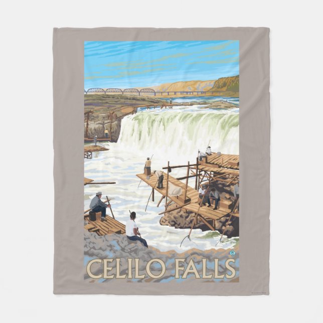Celilo Falls Fishing Vintage Travel Poster Fleece Blanket (Front)