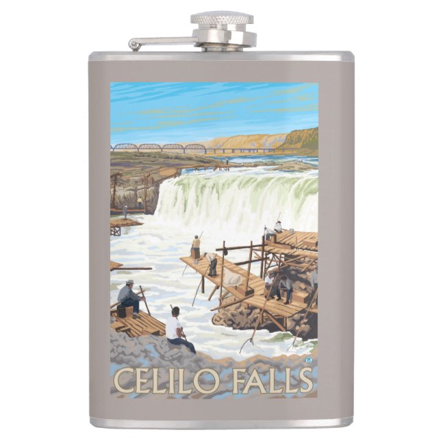 Celilo Falls Fishing Vintage Travel Poster Hip Flask (Front)