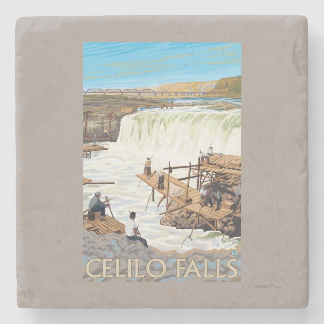 Celilo Falls Fishing Vintage Travel Poster Stone Coaster (Front)