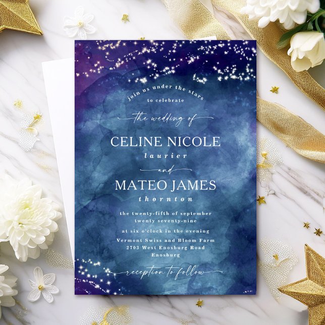 Celine • Elegant Celestial Starry Night Wedding Invitation (Announce your special day with the Celine wedding invite, featuring a dreamy celestial design.)