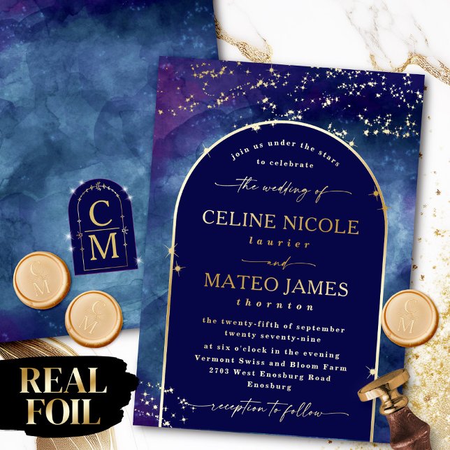 Celine • Elegant Night Sky Arch Wedding Real Gold (Set the tone for a magical night wedding with this stunning "Celine" Gold Foil invitation design.)