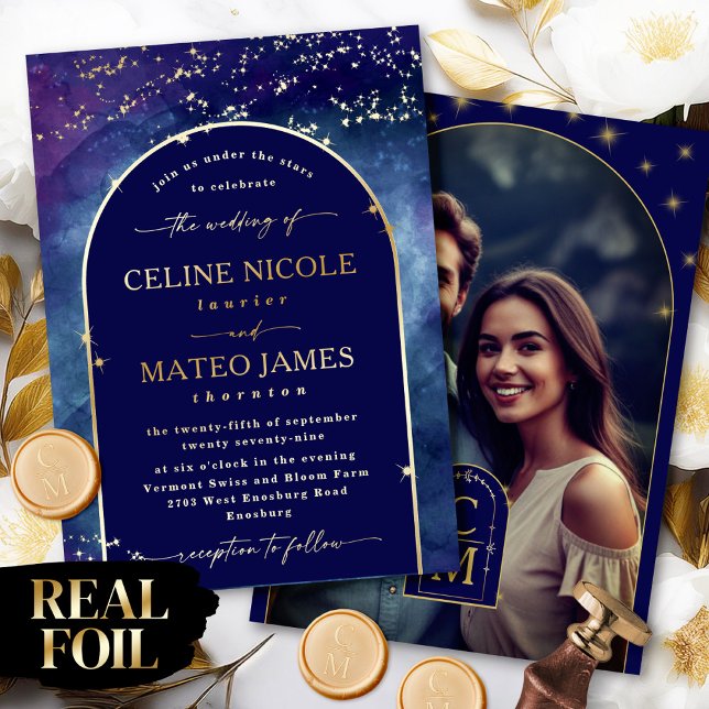 Celine • Night Sky Arched Engagement Photo Gold (This custom photo invite from the Celine Wedding Suite is a blend of elegance and personalization!)