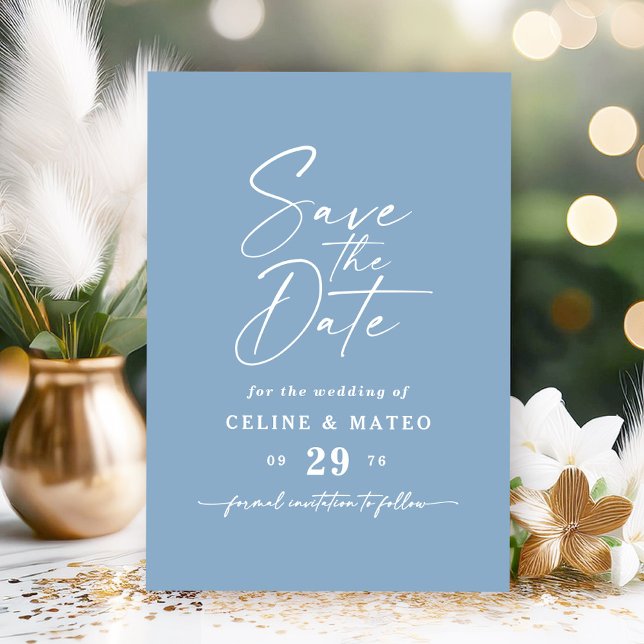 Celine • Simple Solid Stellar Sky Blue Wedding Save The Date (Set the tone for your wedding with the Celine Save the Date in a soft Stellar Sky Blue.)