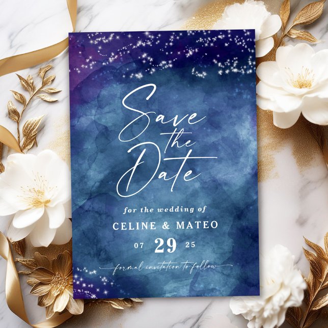Celine • Starry Sky Theme Celestial Wedding Save The Date (Set the tone for your big day with the Celine Save the Date, featuring a custom monogram.)