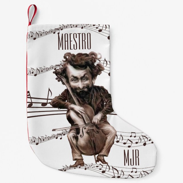 Cello Chops | Vintage Musician | Monogrammed Small Christmas Stocking (Front)