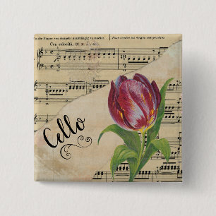 Cello Elegant Tulip Vintage Sheet Music 15 Cm Square Badge