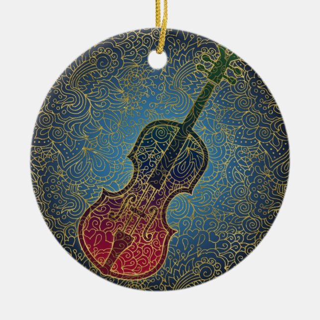 Cello Gold Filigree - Colourful Music Ceramic Tree Decoration (Front)