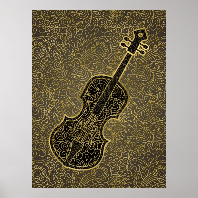 Cello Gold Taupe Filigree Musical Instrument Poster (Front)