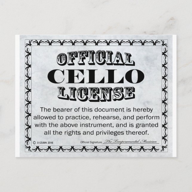 Cello License Postcard (Front)