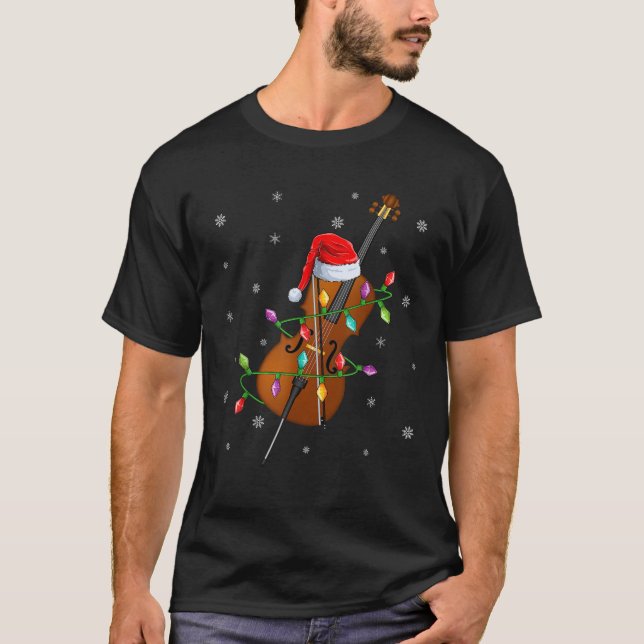 Cello Music Xmas Lighting Matching Santa Hat Cello T-Shirt (Front)