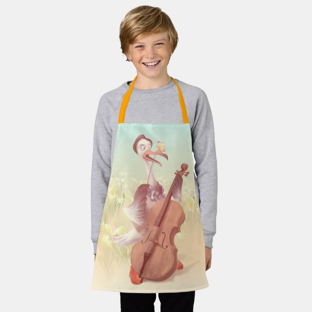 Cello Stork: Classical Music Animal in Yellow Mead Apron (Worn)