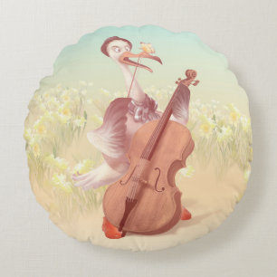 Cello Stork: Classical Music Animal in Yellow Mead Round Cushion