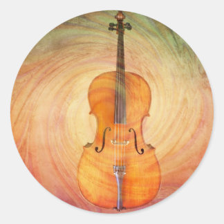 Cello with warm colourful textured background. classic round sticker