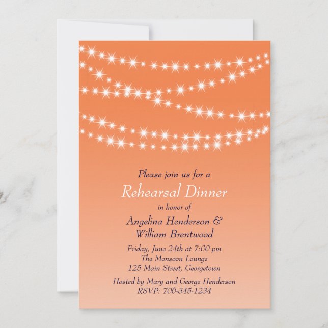Celosia Orange Twinkle Lights Rehearsal Dinner Invitation (Front)