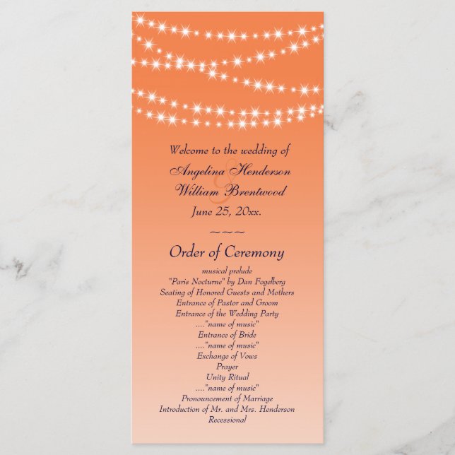 Celosia Orange Twinkle Lights Wedding Program Programme (Front)
