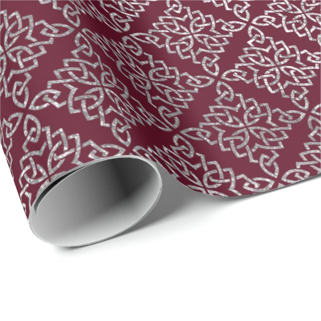 Celtic Arabesque Moroccan Maroon Burgundy Silver Wrapping Paper (Roll Corner)