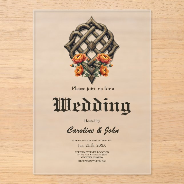 Celtic art and floral splendour in warm tones acrylic invitations (Front)