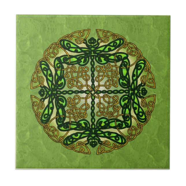 Celtic Art Dragonflies - Green Tile (Front)