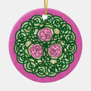 Celtic Art Roses Pink Ceramic Tree Decoration