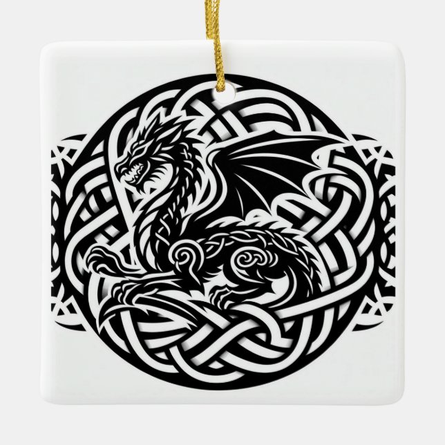 Celtic B&W Dragon Ceramic Ornament (Front)
