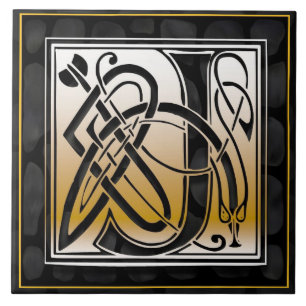 Celtic Black Stone J Monogram Initial Tile