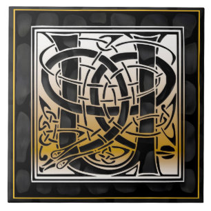 Celtic Black Stone U Monogram Initial Tile