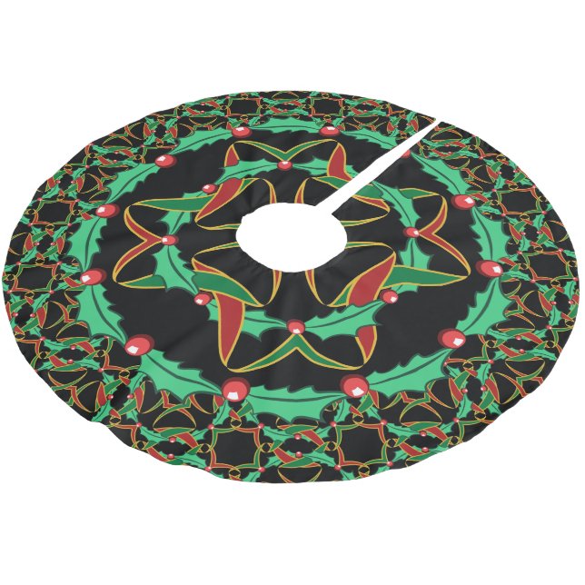 Celtic Christmas Holly Wreath Pattern Brushed Polyester Tree Skirt (Angled)