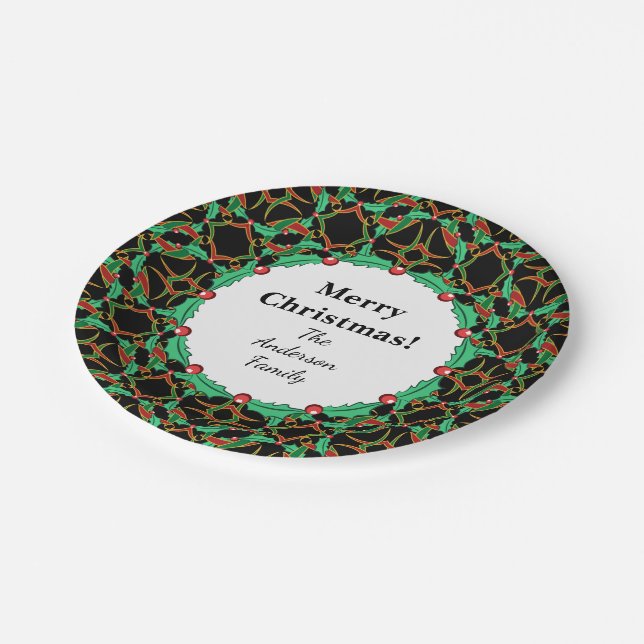 Celtic Christmas Holly Wreath Pattern Personalised Paper Plate (Angled)