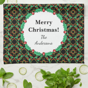 Celtic Christmas Holly Wreath Pattern Personalised Tea Towel