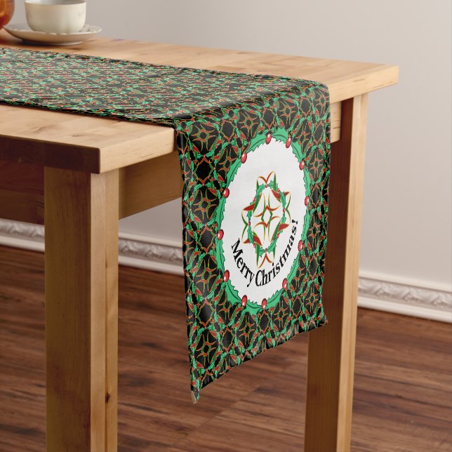 Celtic Christmas Holly Wreath Pattern Short Table Runner (In Situ)