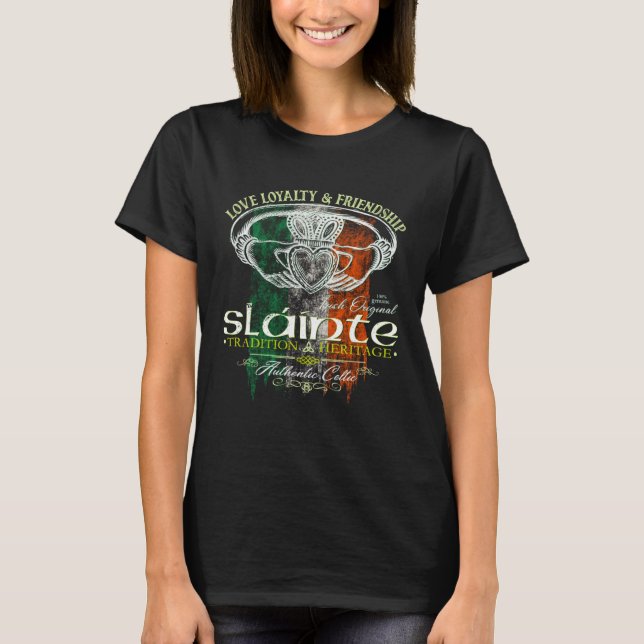 Celtic Claddagh Slainte Grunge Irish Flag St Patri T-Shirt (Front)