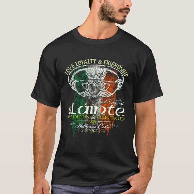 Celtic Claddagh Slainte Grunge Irish Flag St Patri T-Shirt (Front)