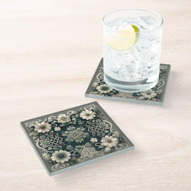 Celtic Clover Floral Charm Glass Coaster (Angled)
