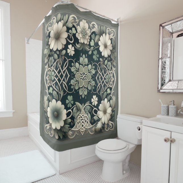 Celtic Clover Floral Charm Shower Curtain (In Situ)