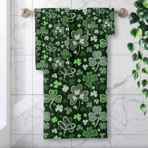 Celtic Clover Pattern Green Irish Hearts Bath Towel Set