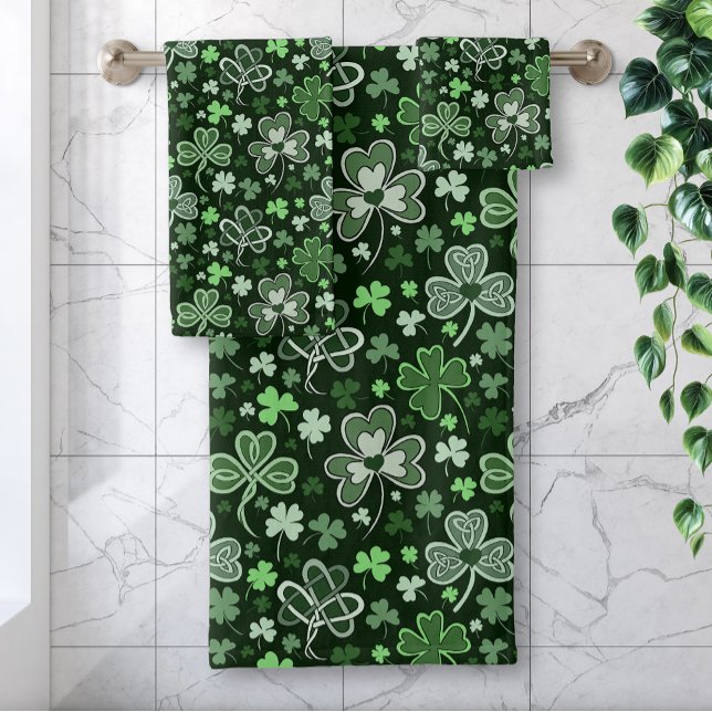 Celtic Clover Pattern Green Irish Hearts Bath Towel Set (Creator Uploaded)
