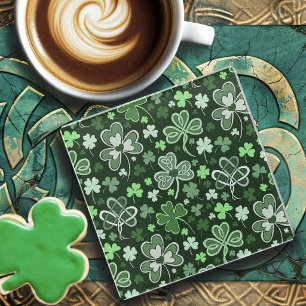 Celtic Clover Pattern Green Irish Hearts Glass Coaster