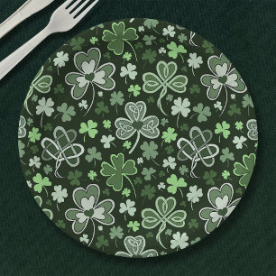 Celtic Clover Pattern Green Irish Hearts Paper Plate